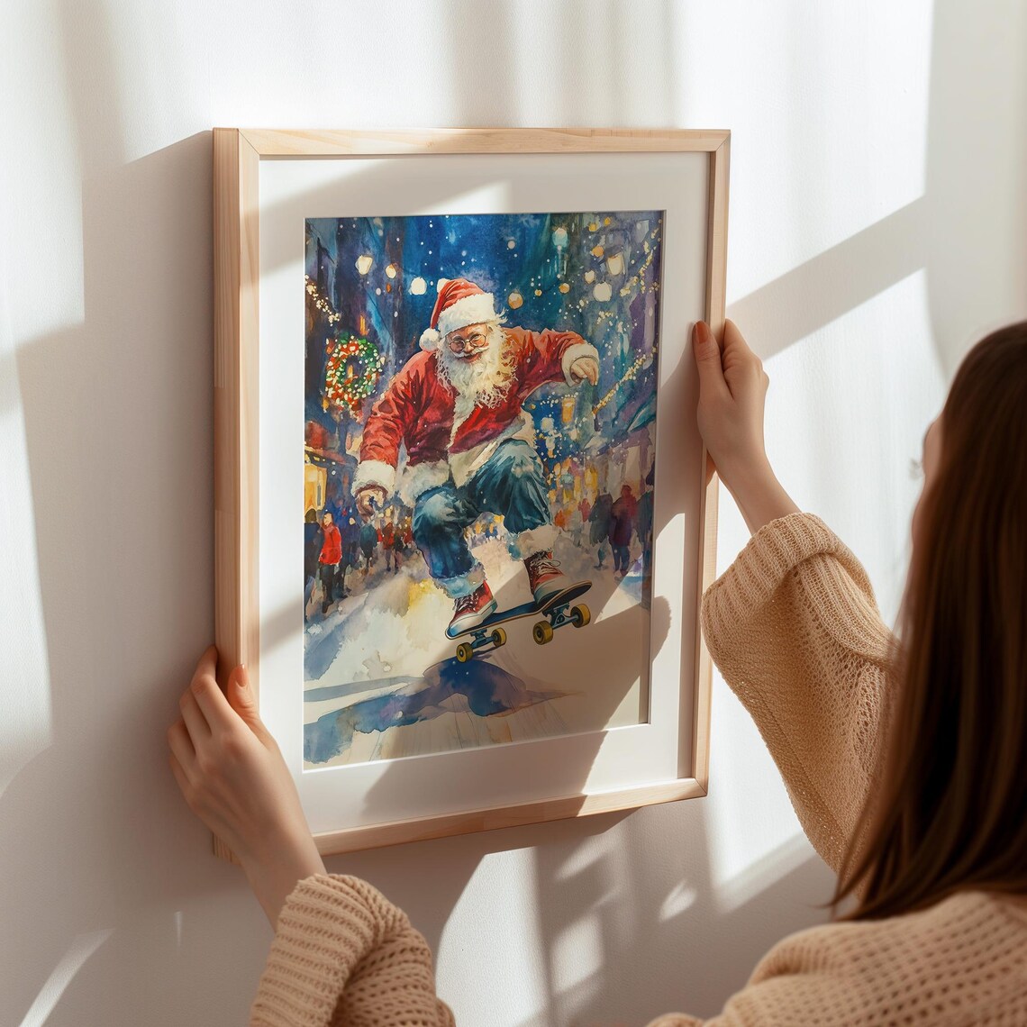 Santa Claus Skateboarding Through Snowy City Street Night Poster - Image 5