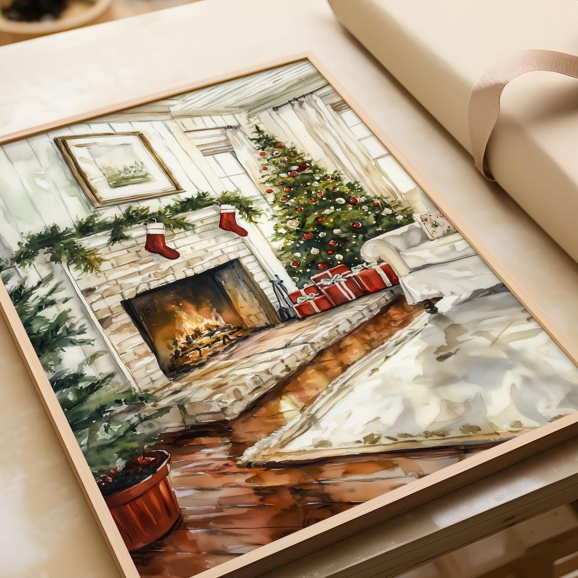 Watercolor Christmas Fireplace With Stockings Holiday Poster - Image 7
