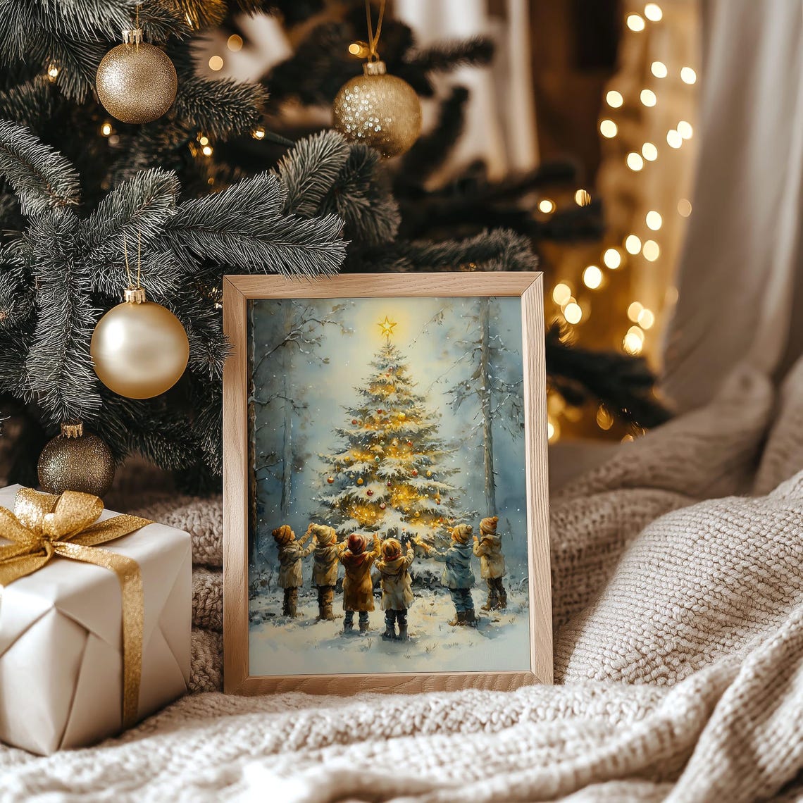 Six Children Around Glowing Christmas Tree Snowy Woods Poster - Image 5
