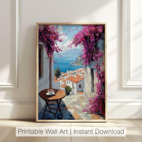 White Alley Bougainvillea Sea View Coffee Table Coastal Village Scene Poster
