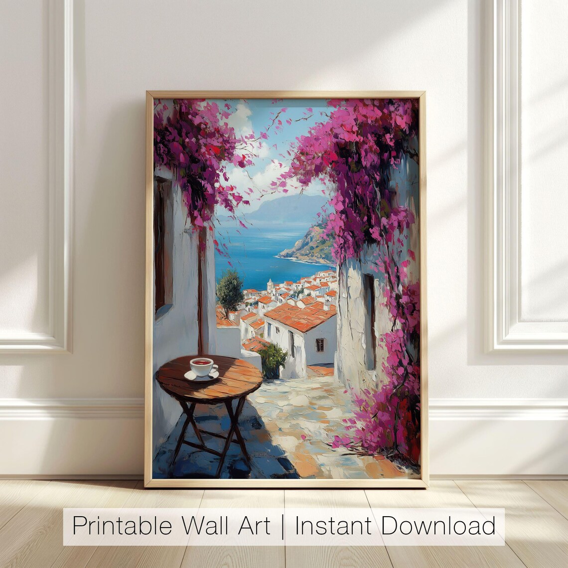White Alley Bougainvillea Sea View Coffee Table Coastal Village Scene Poster