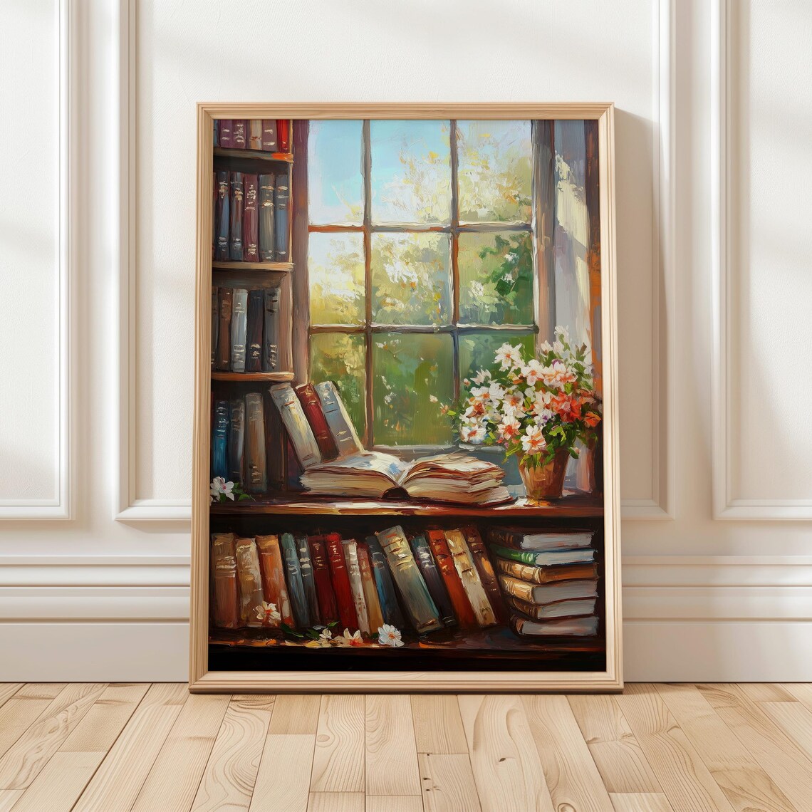 Cozy Vintage Library Art Print, Floral Bookshelf