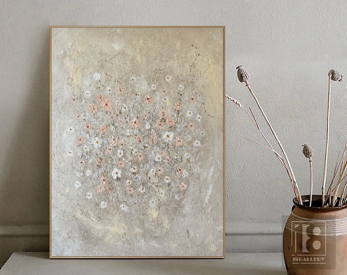 Tiny White and Pink Wildflowers on Beige Textured Botanical Art Poster