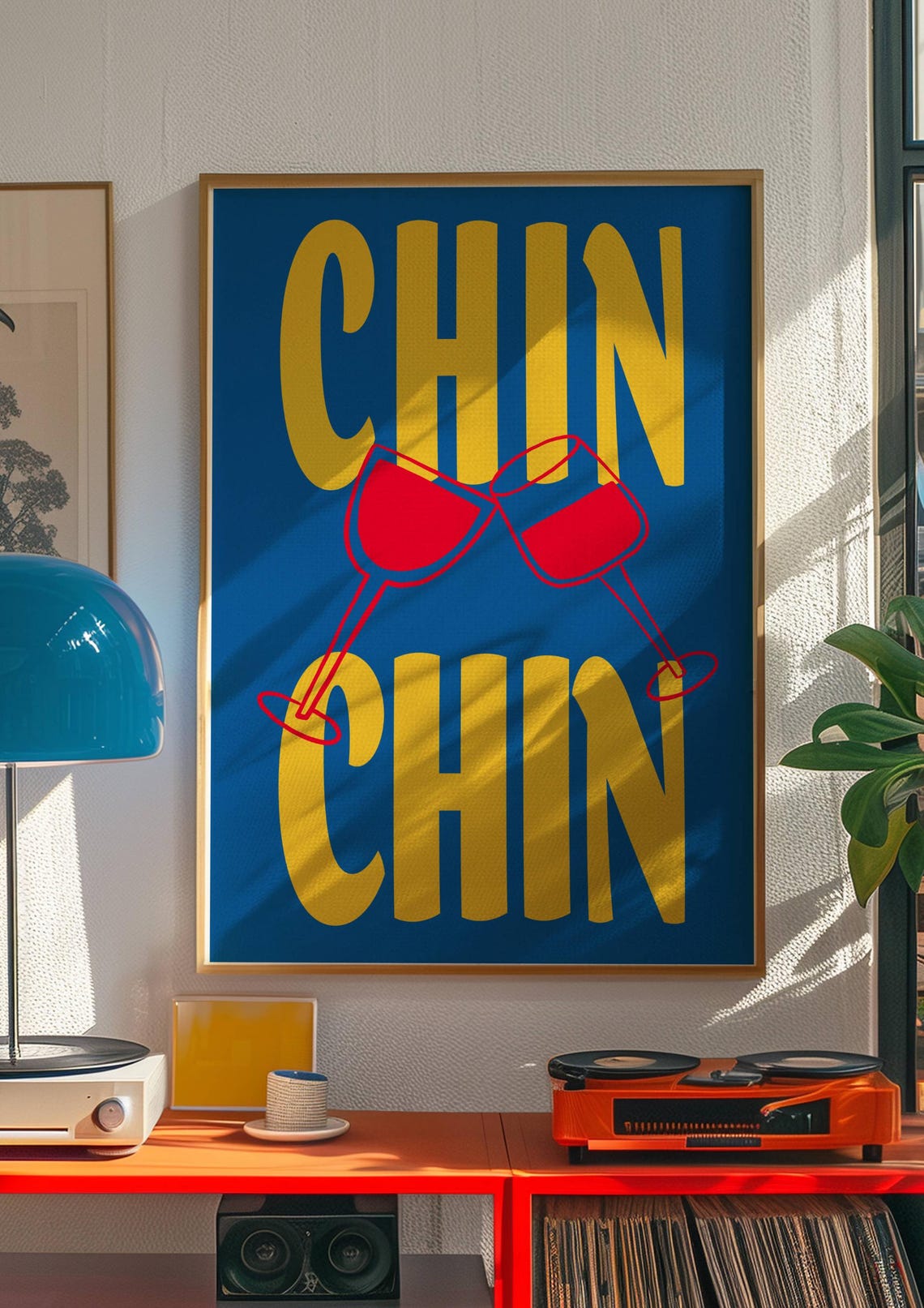 Chin Chin Wine Glasses Toast Blue Yellow Bold Kitchen Bar Party Poster - Image 4