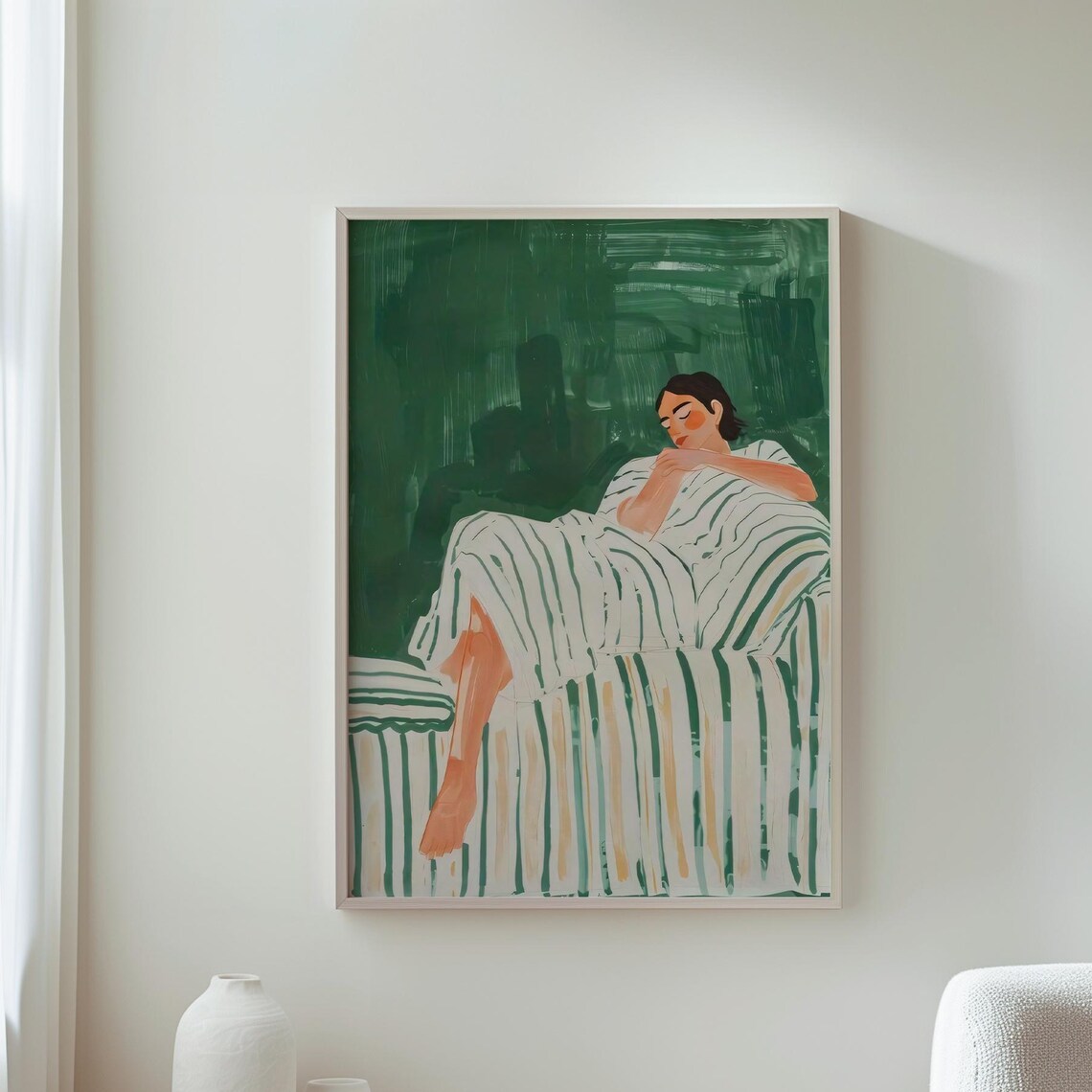 Relaxed Woman Striped Lounging Green Cozy Morning Art Poster