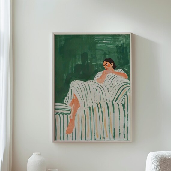 Relaxed Woman Striped Lounging Green Cozy Morning Art Poster