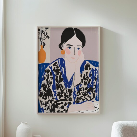 Woman Art Print Thoughtful Pose Blue Robe Modern Wall Decor Feminine Home Minimalist