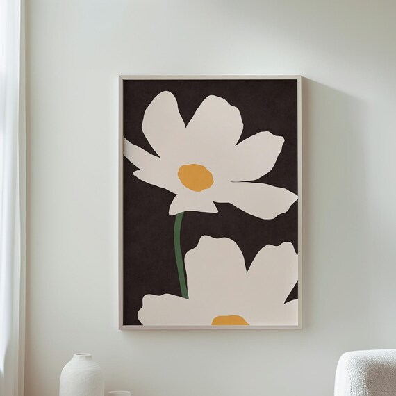Minimalist White Flowers On Black Background Floral Wall Poster