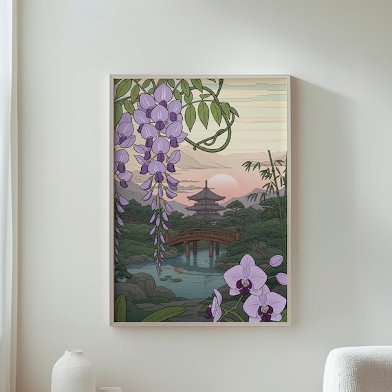 Japanese Wisteria Pagoda Bridge Pond Orchids Serene Garden Art Poster