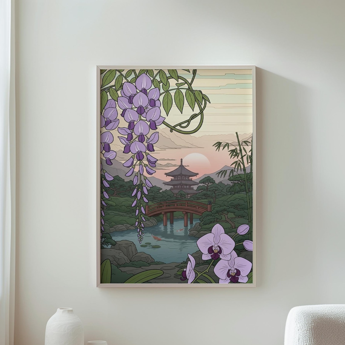 Japanese Wisteria Pagoda Bridge Pond Orchids Serene Garden Art Poster
