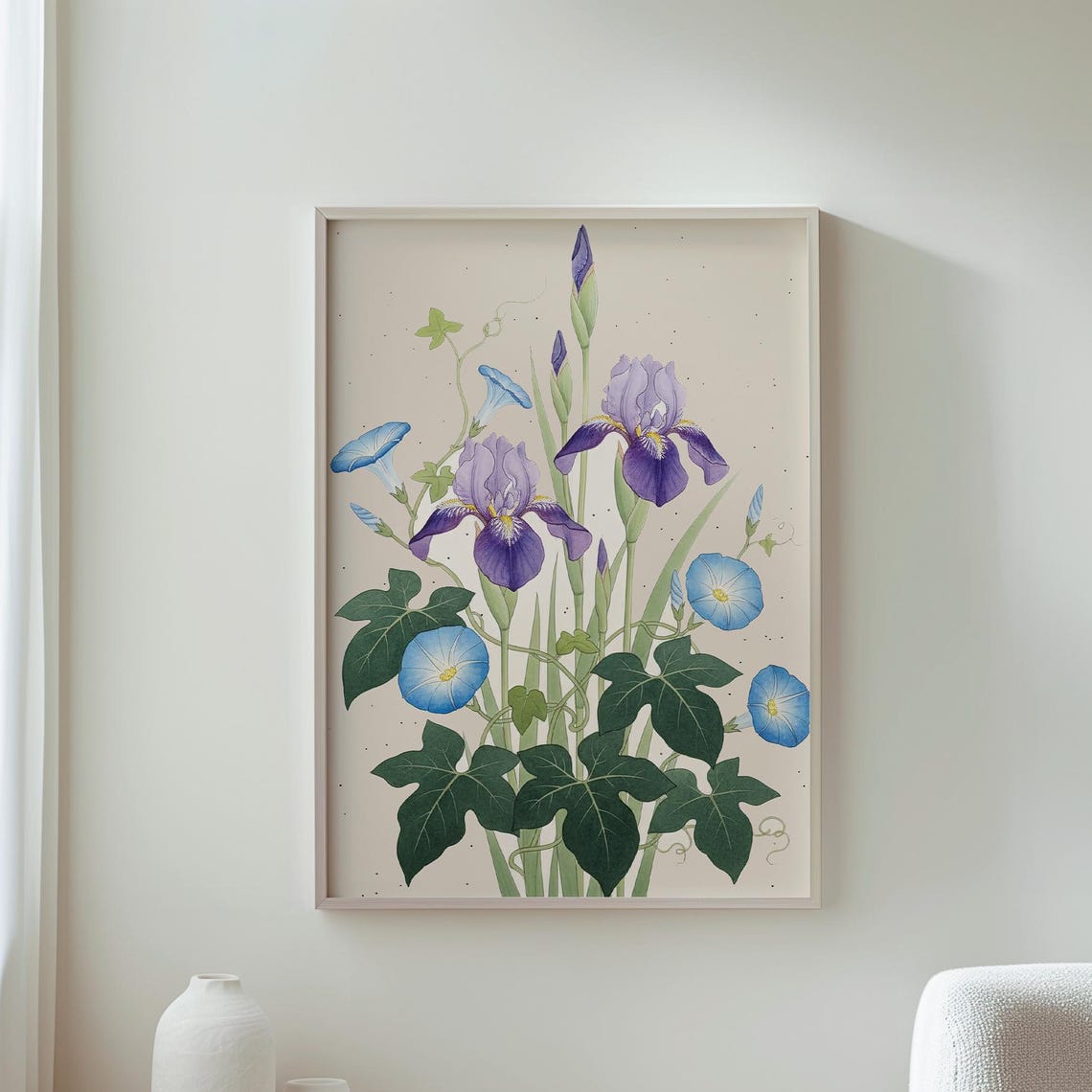 Purple Iris And Blue Morning Glory Watercolor Botanical Poster