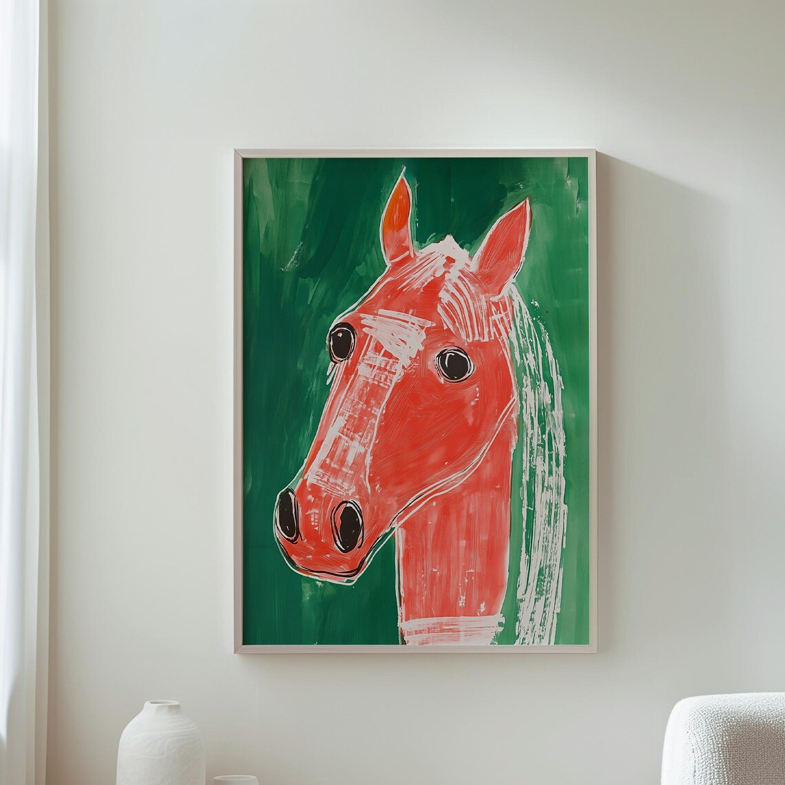 Abstract Red Horse Portrait On Green Background Bold Modern Art Print