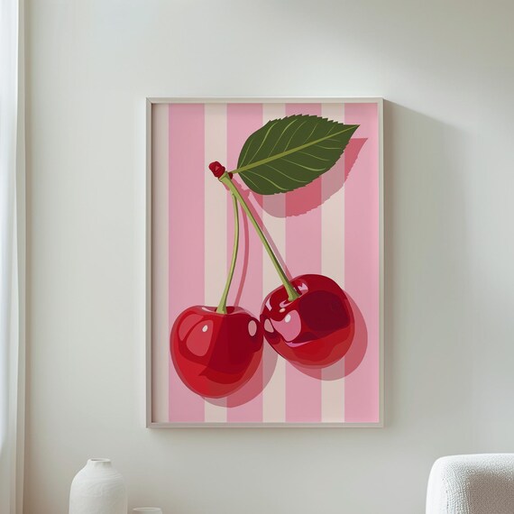 Glossy Red Cherries Pop Art Pink Striped Background Fun Fruit Poster