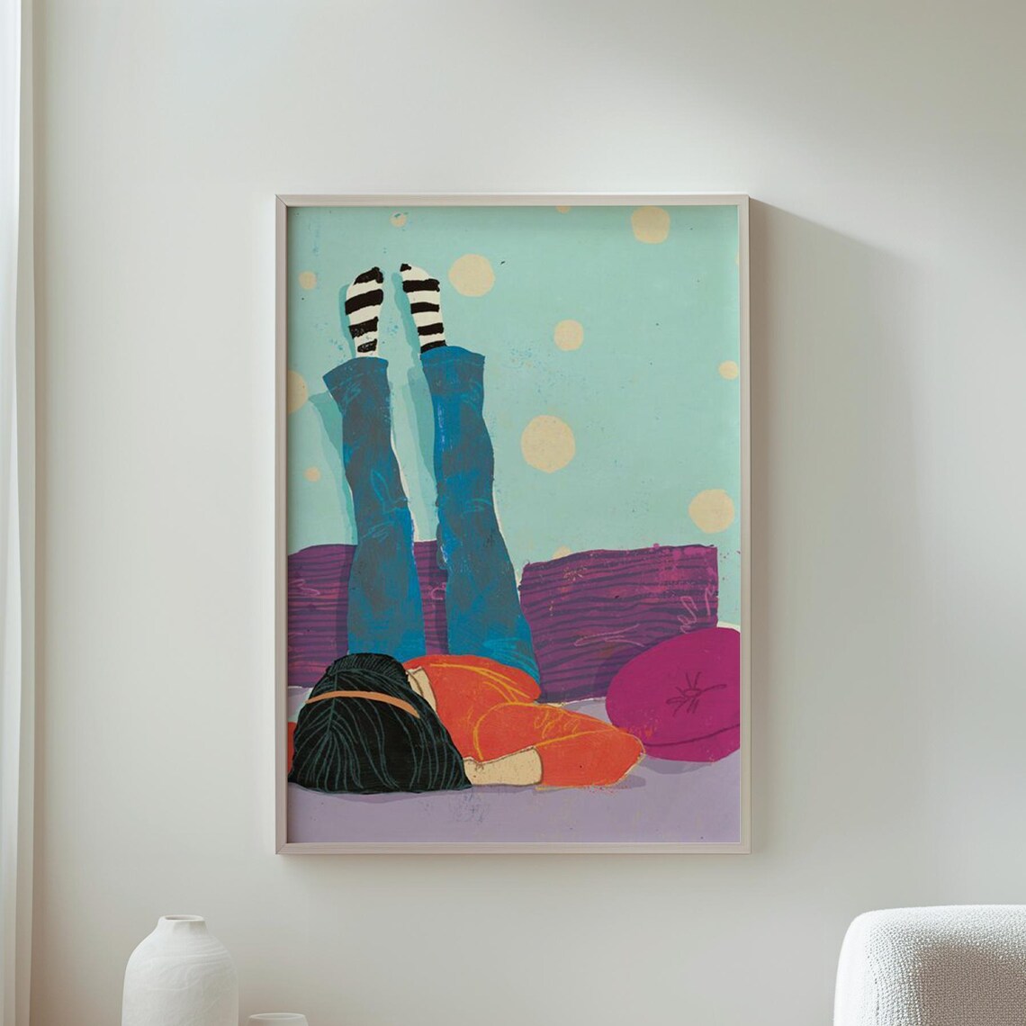 Colorful Girl Relaxing With Legs Up Cozy Illustration Poster Art