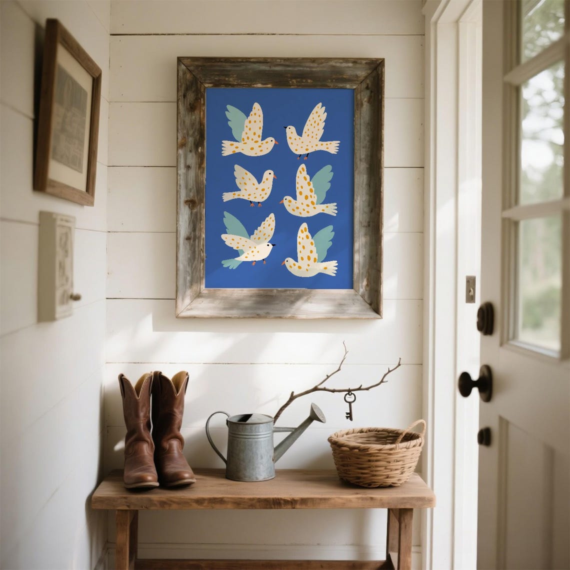 Graceful Flying Birds Art Print Minimalist White Doves Illustration Serene Blue Sky Nature Inspired Wall Decor Gift