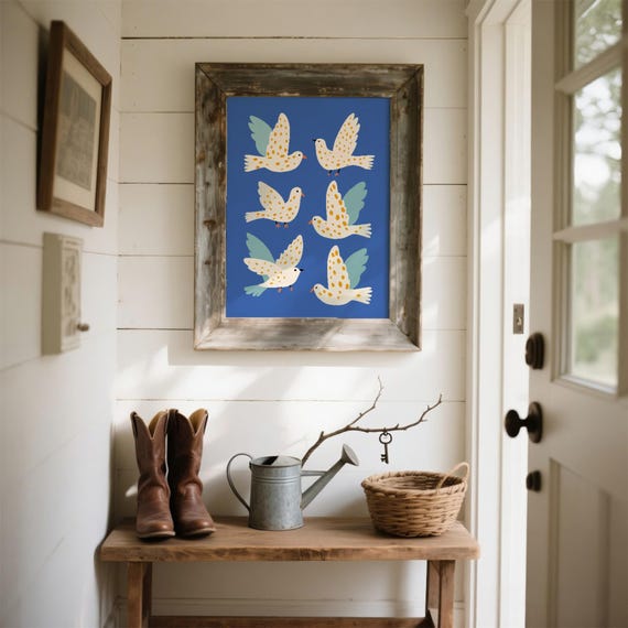 Graceful Flying Birds Art Print Minimalist White Doves Illustration Serene Blue Sky Nature Inspired Wall Decor Gift