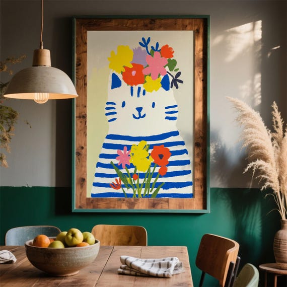 Charming Striped Cat Art Print Playful Feline Floral Illustration Whimsical Animal Wall Decor Unique Pet Lover Gift