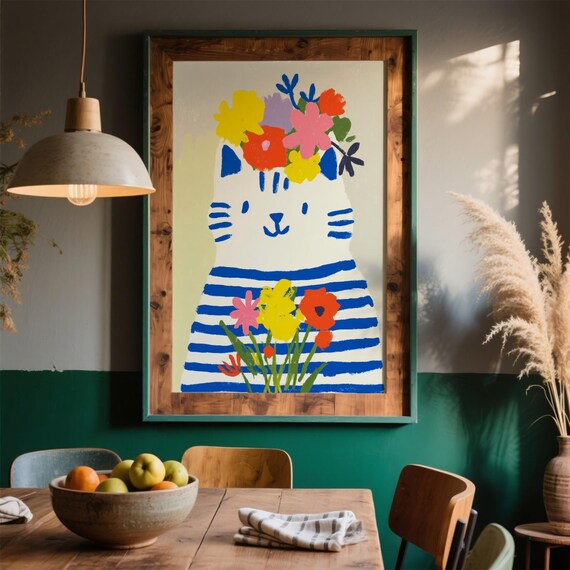 Striped Blue Cat Flower Crown Colorful Folk Style Whimsical Cat Poster