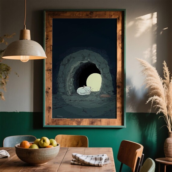 White Cat Sleeping Moonlit Cave Night Celestial Whimsical Poster