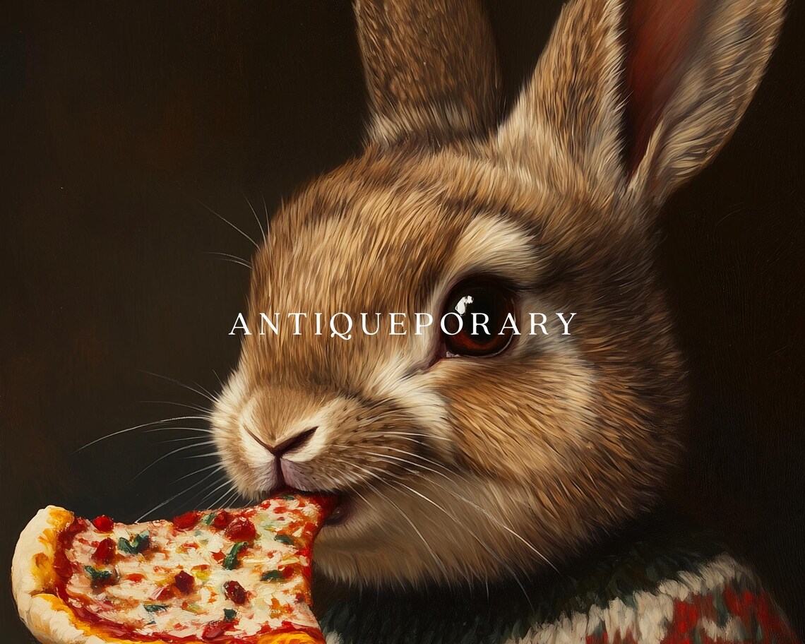 Bunny in a Christmas Sweater Happily Eating Pizza Funny Animal Poster - Image 3