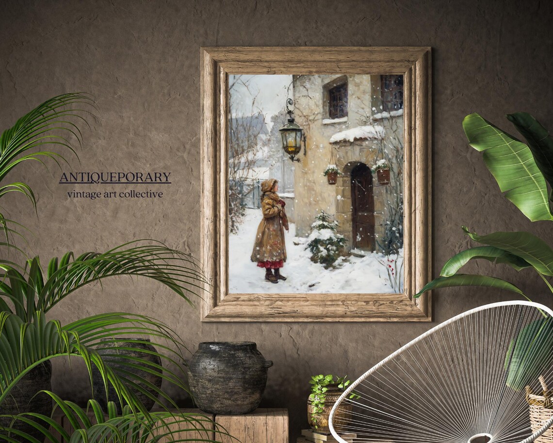 Snowy Village Winter Scene Woman Vintage European Painting Poster - Image 7