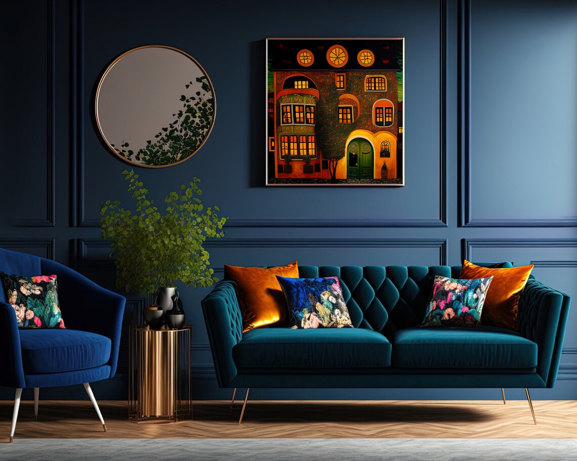 Glowing European Townhouse Night Facade Folk Art Architecture Poster - Image 4