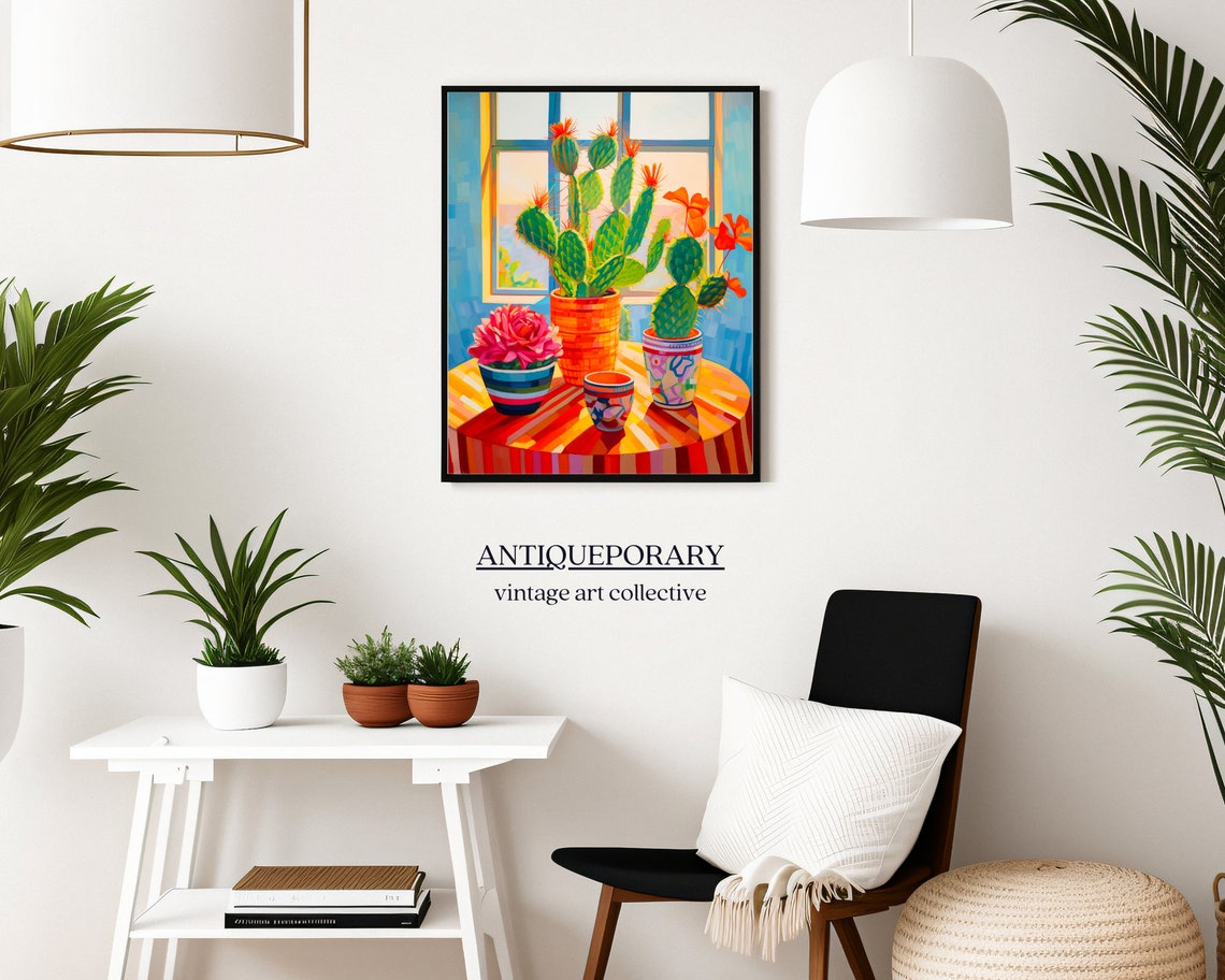 Colorful Potted Cacti by Sunlit Window Still Life Painting Poster - Image 4