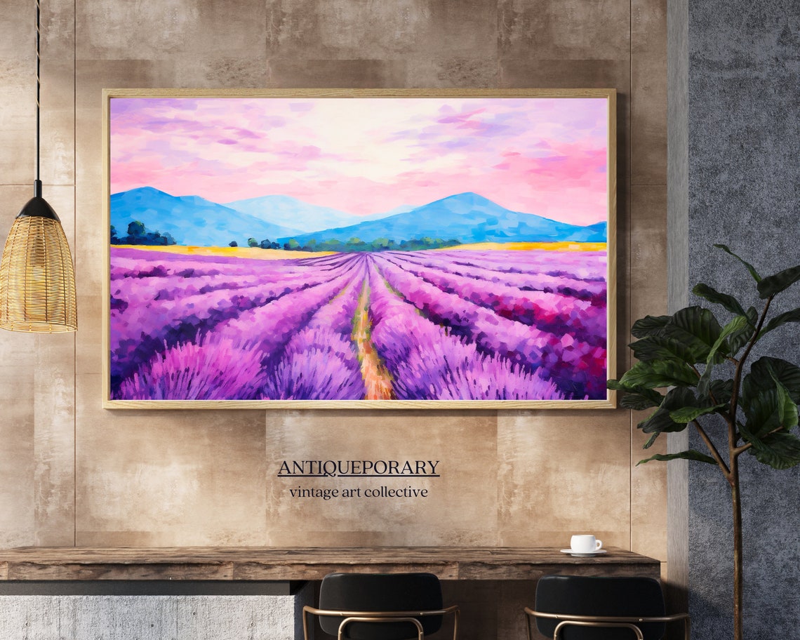 Lavender Field Rows Pink Sunset Landscape Mountain Painting Poster - Image 5