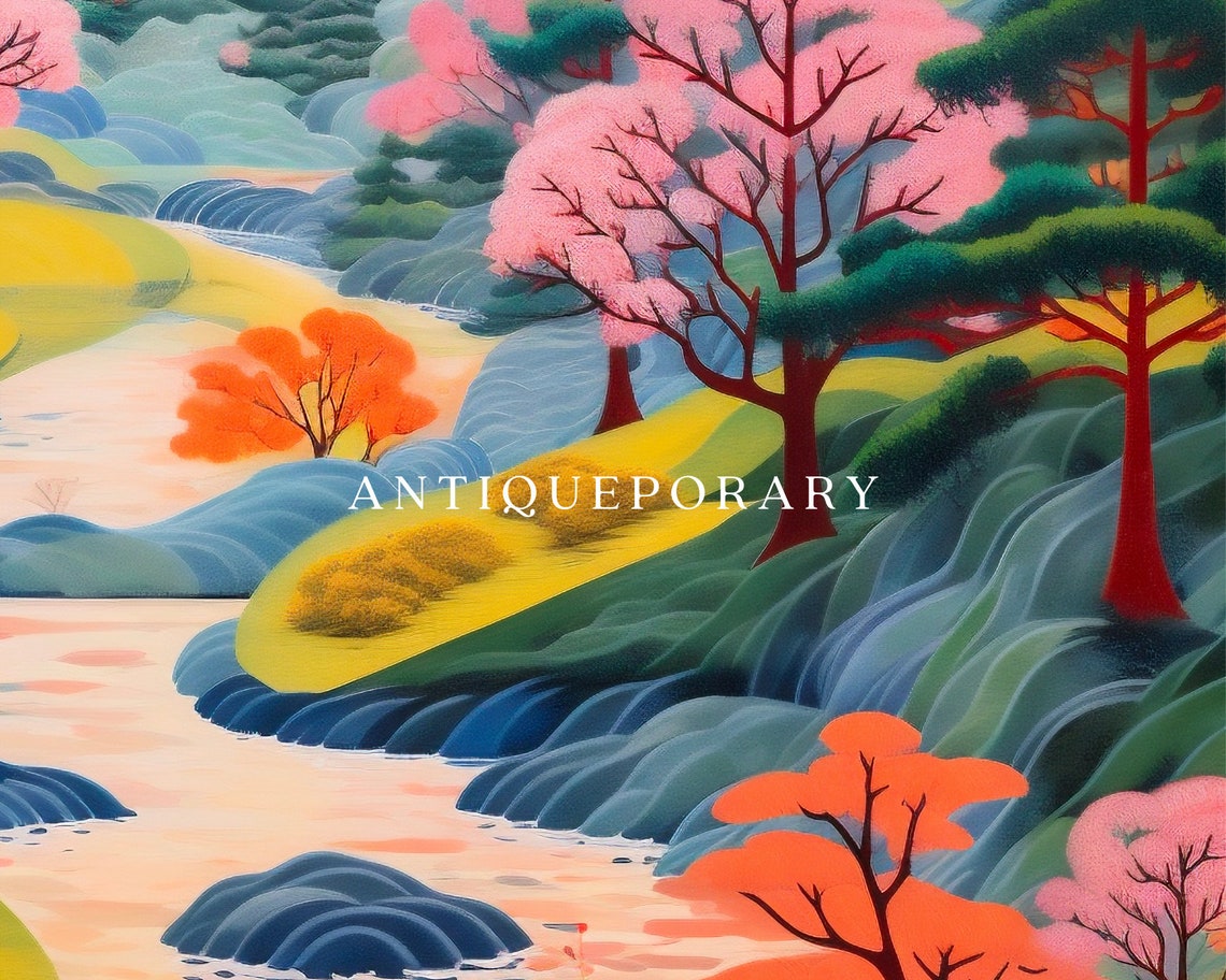 Japanese Sunset Mountain Cherry Blossom River Landscape Poster - Image 2
