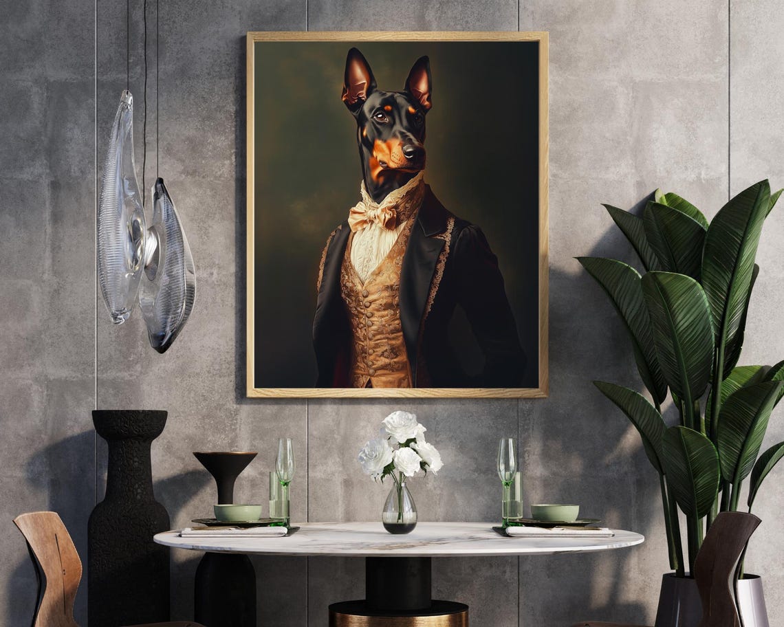 Elegant Doberman in Tailcoat and Gold Vest Victorian Portrait Print - Image 2