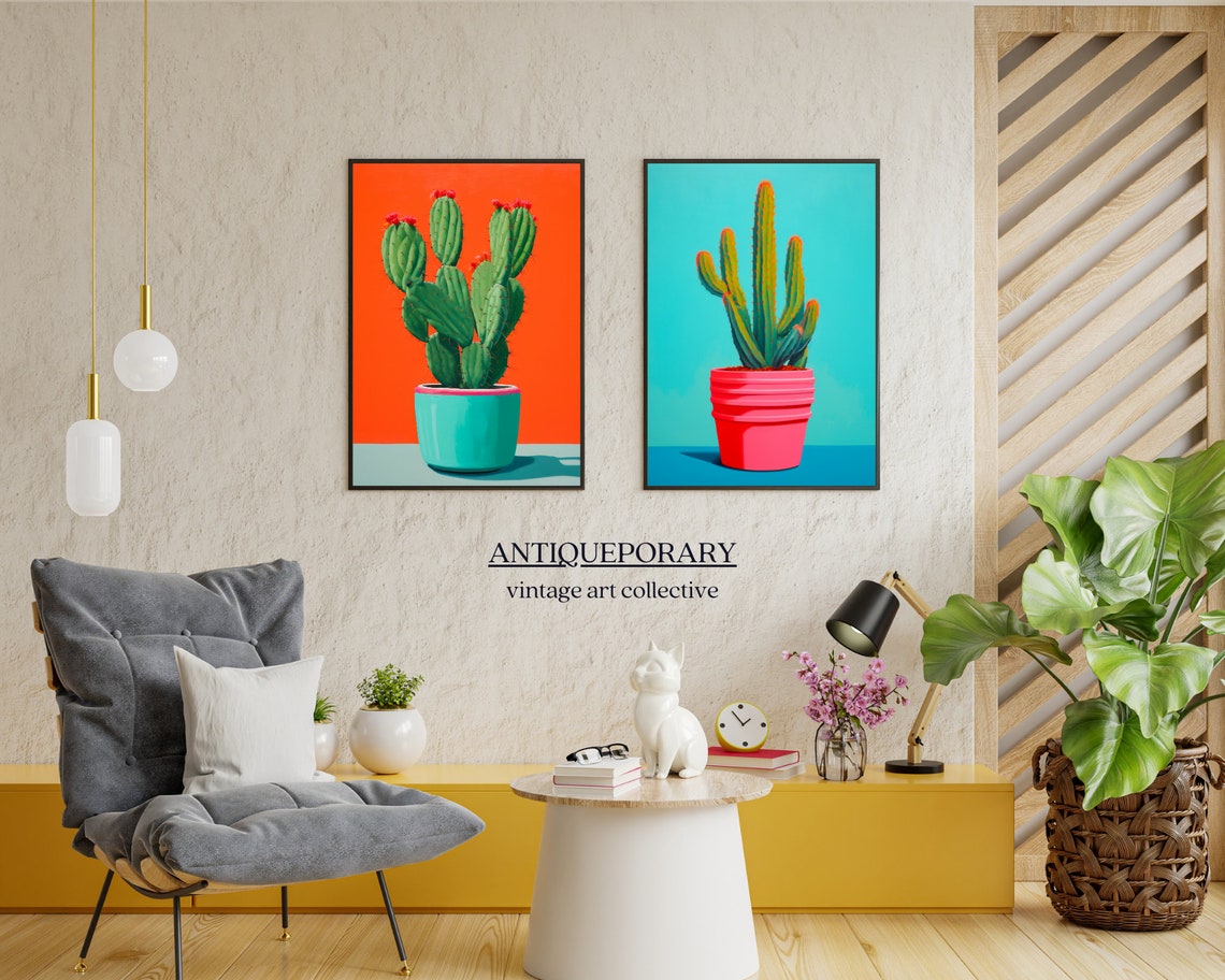 Prickly Pear Cactus Turquoise Pot Orange Abstract Still Life Poster - Image 4