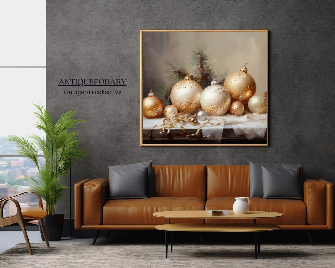 Gold and White Christmas Ornaments with Pine Still Life Poster - Image 4