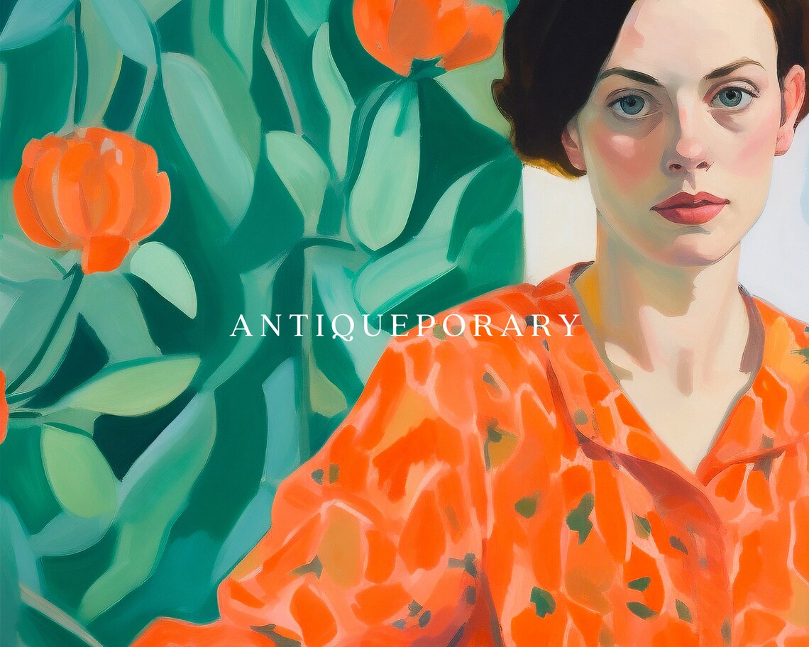 Woman in Orange Floral Blouse Modern Portrait with Tulips Poster - Image 3