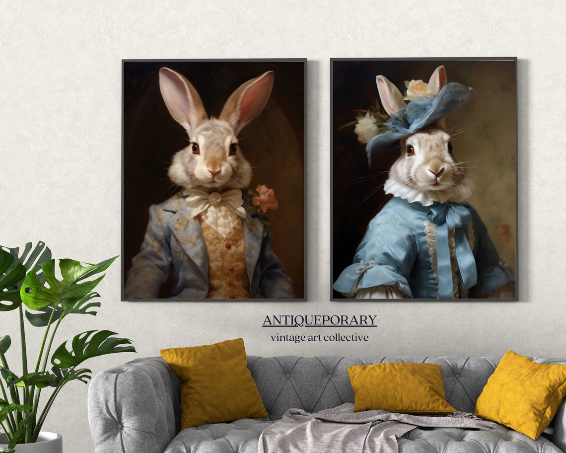 Elegant White Rabbit Blue Bonnet Victorian Lady Animal Portrait Poster - Image 2