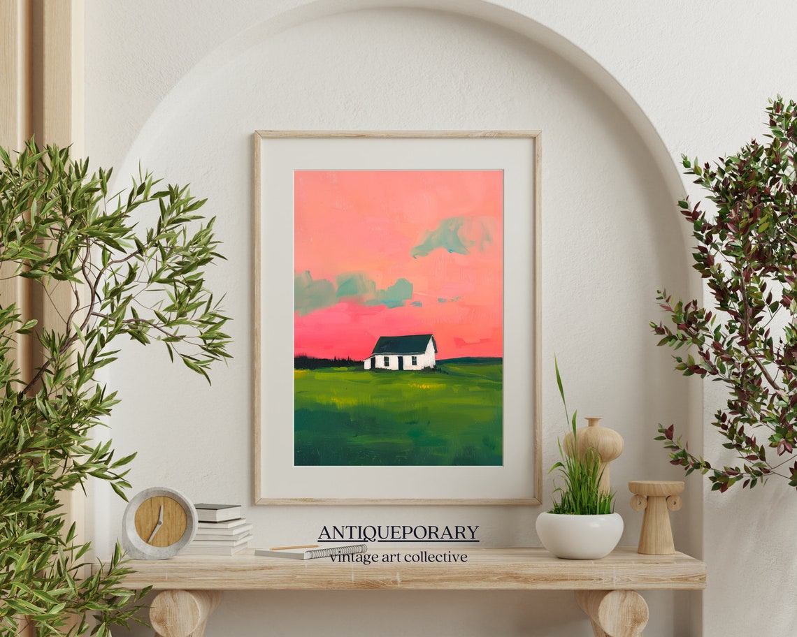 Little Farmhouse Under Pink Sunset Modern Abstract Landscape Poster - Image 4