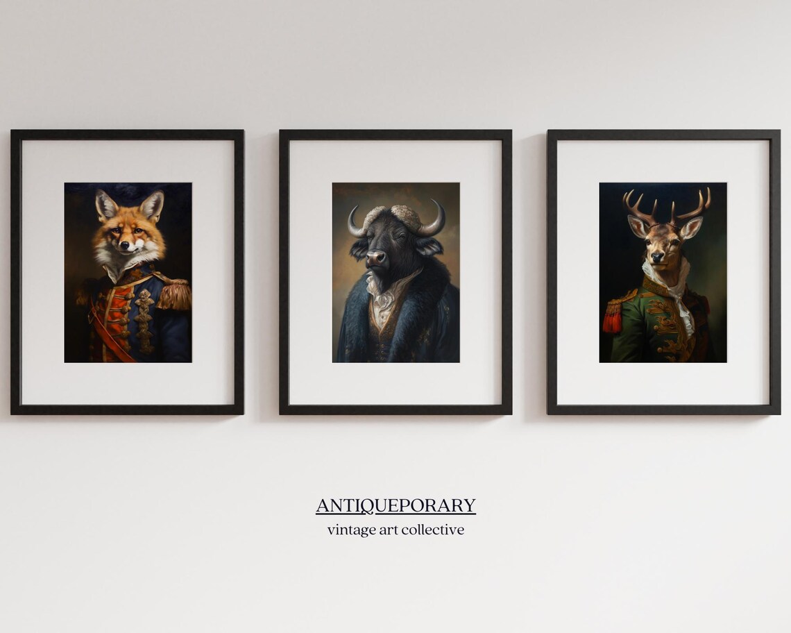 Majestic Buffalo in Navy Fur Coat Victorian Portrait Wall Art - Image 4