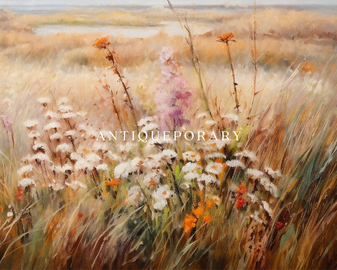 Vintage Landscape Oil Painting Wildflower Field Landscape Art Print White Flowers Country Field Art Nature Art - Image 2