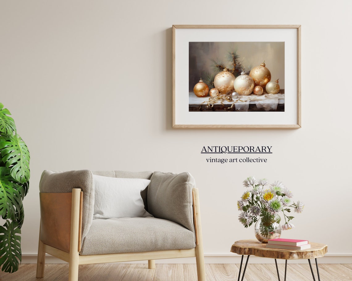 Gold and White Christmas Ornaments with Pine Still Life Poster - Image 6