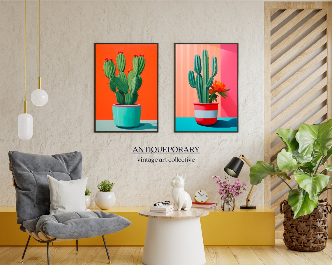 Tall Green Cactus Red Striped Pot Pink Pop Art Botanical Poster - Image 2