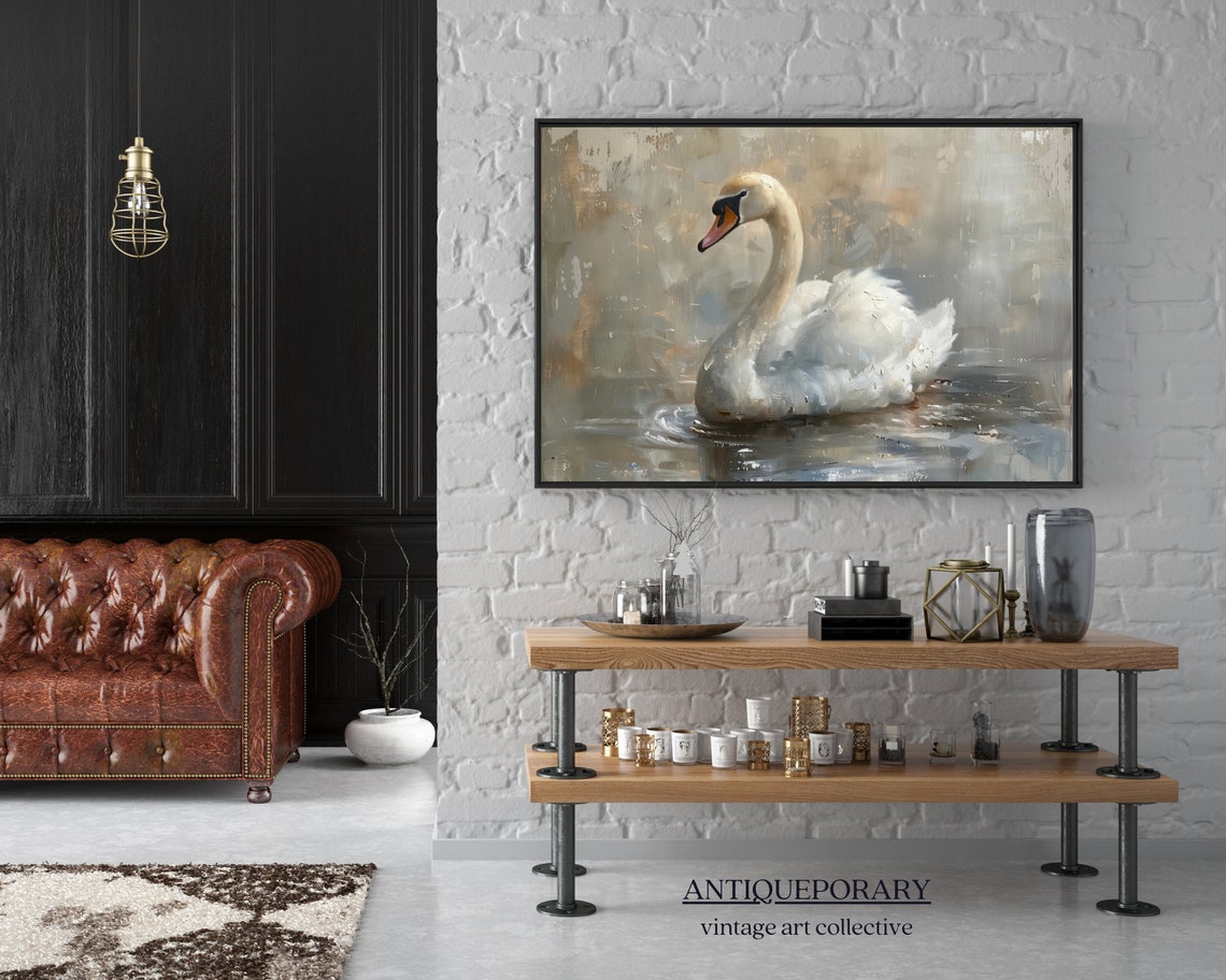 Graceful White Swan Calm Water Abstract Neutral Bird Painting Poster - Image 3
