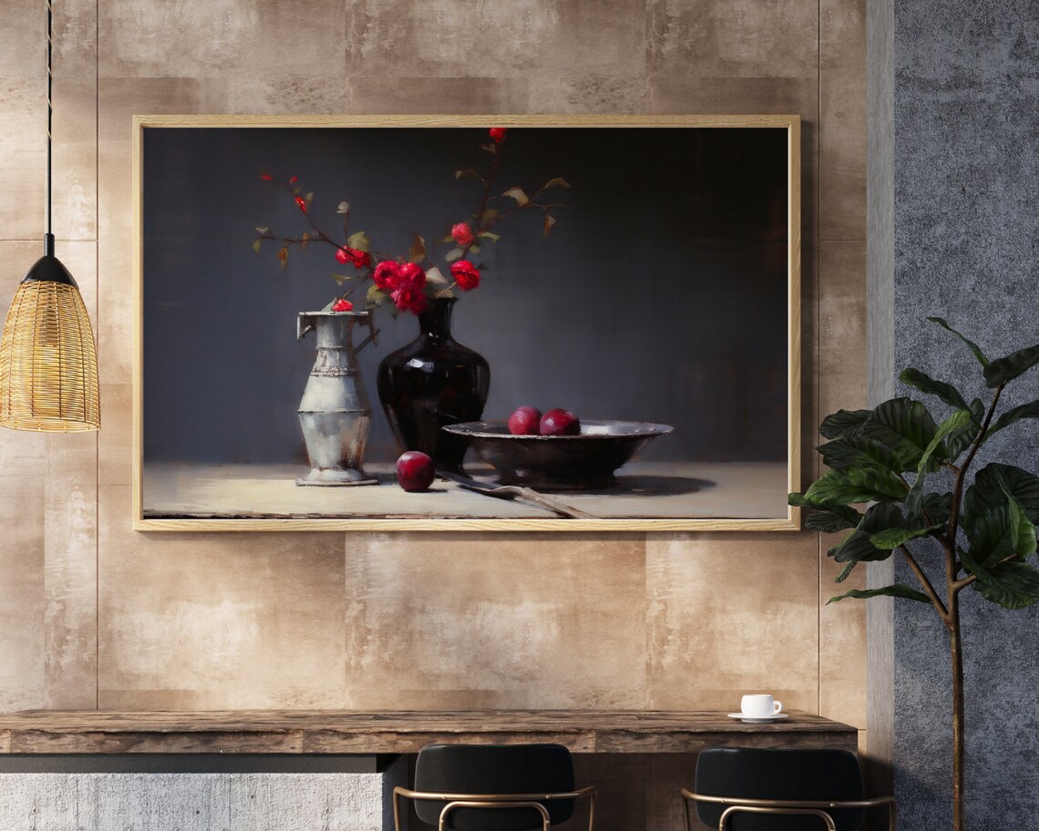 Moody Dark Floral Still Life Red Blooms Plums Vintage Style Poster - Image 5