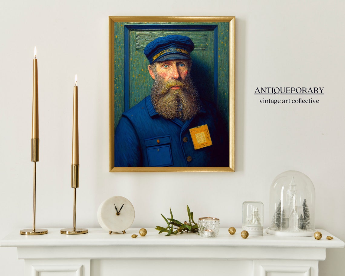 Vintage Postman Portrait Bearded Mailman Blue Uniform Painting Poster - Image 3