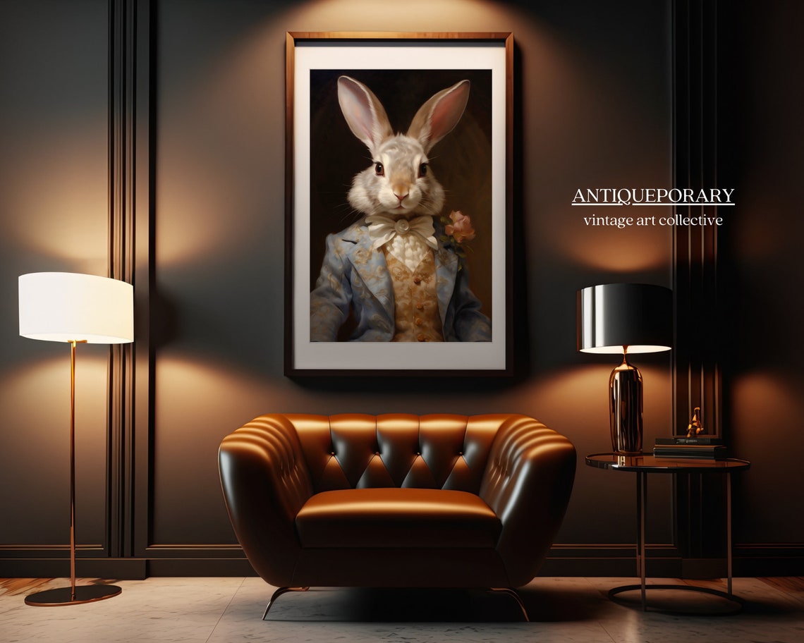 White Rabbit Gentleman Blue Brocade Coat Dapper Animal Portrait Poster - Image 4