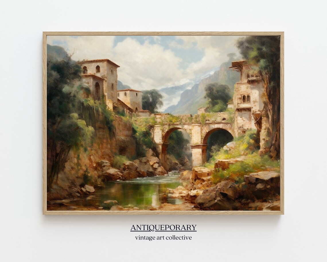 Vintage Landscape Painting Rustic Italian Village Landscape Print European Country Painting Antique Art