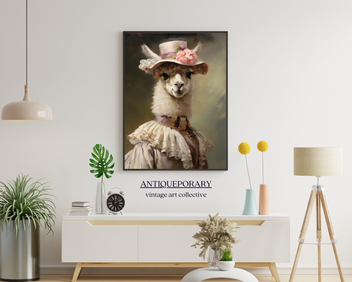 Charming Alpaca Lady Pink Floral Hat Oil Portrait Animal Art Poster - Image 5