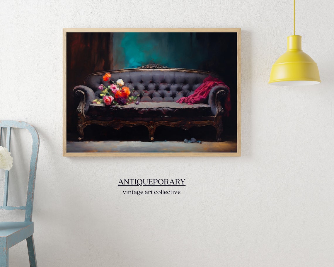 Vintage Antique Couch Oil Painting Dark Moody Still Life Painting Luxurious Vintage Interior Antique Oil Painting Vintage Art - Image 4