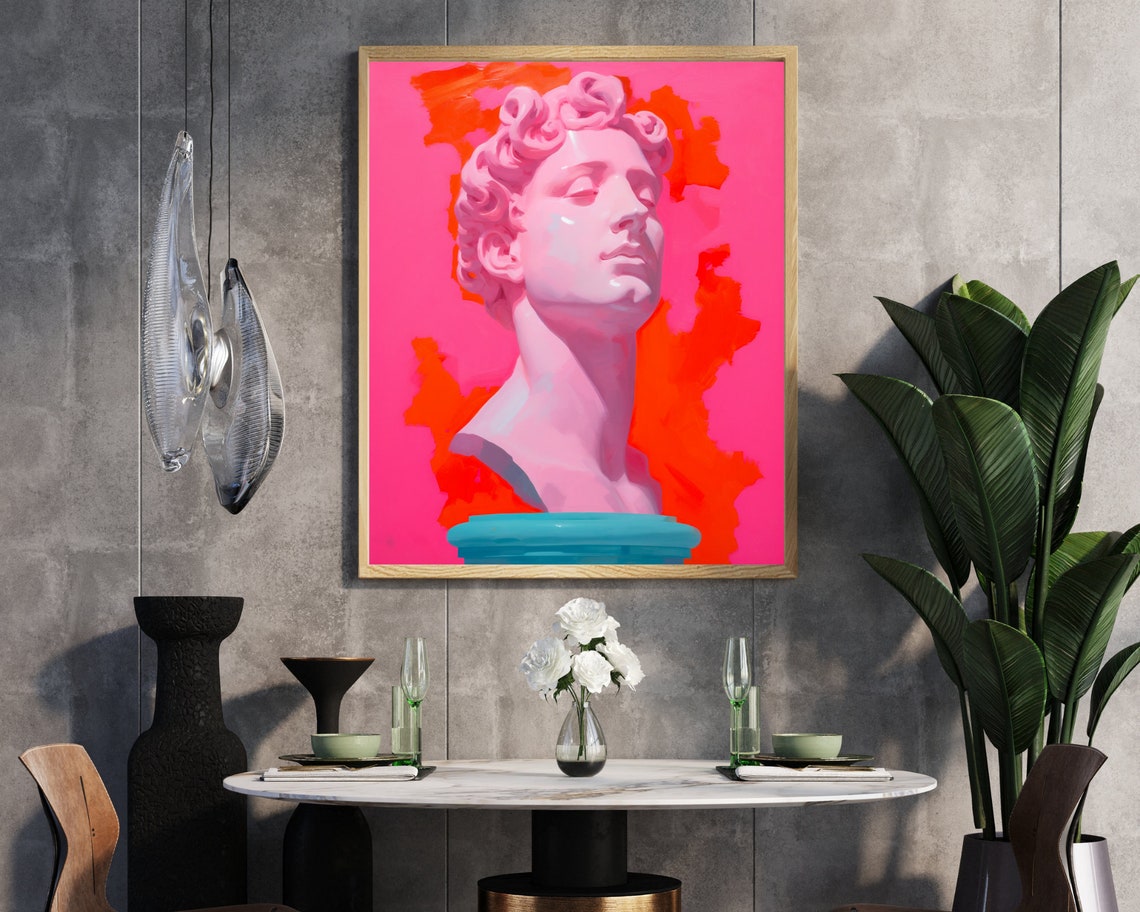 Pink Classical Bust Statue on Hot Pink Bold Modern Art Wall Print - Image 3