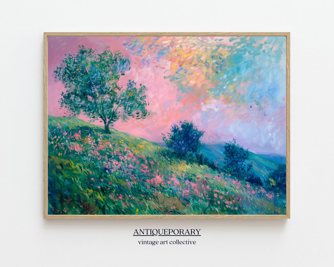 Wildflower Meadow Sunset Hillside Impressionist Landscape Poster