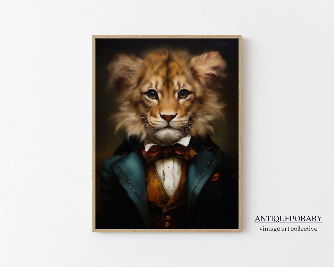 Lion Cub in Teal Victorian Suit Vintage Aristocratic Animal Portrait Poster