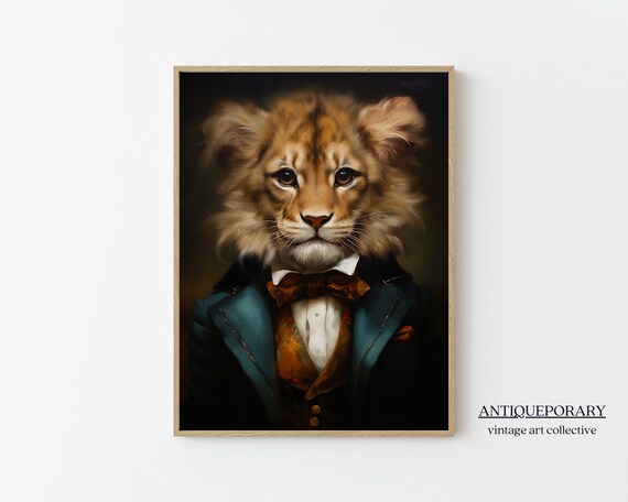 Lion Cub in Teal Victorian Suit Vintage Aristocratic Animal Portrait Poster